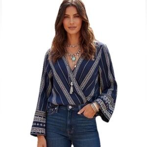 Elan Bohemian Faux Wrap Blouse Top Tunic Navy Blue High Low Women’s Sz M INDIA